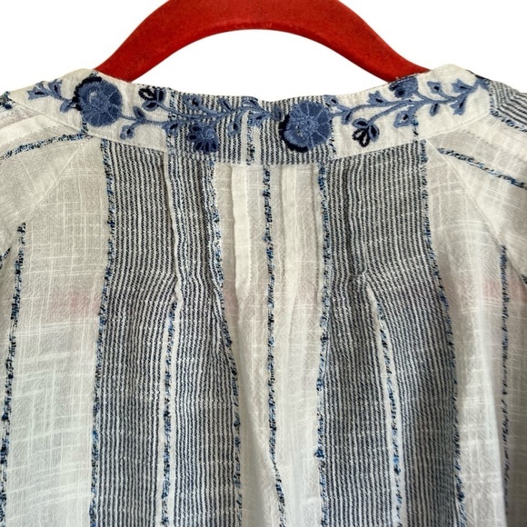 New Directions Embroidered Boho Split Neck Peasant Blouse Blue White Tassels XL - Picture 12 of 16
